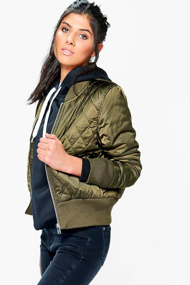Boohoo Lois Quilted Satin Finish Bomber Khaki