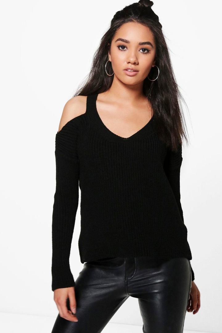 Boohoo Petite Laurie Cut Out Shoulder Jumper Black