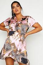 Boohoo Plus Chain Print Ruffle Wrap Tea Dress