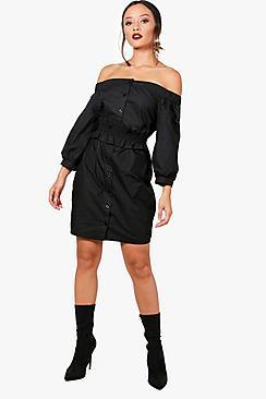 Boohoo Cat Off The Shoulder Shired Waist Shirt Dress