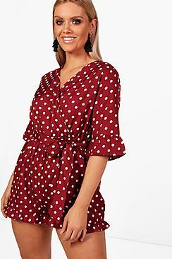 Boohoo Plus Georgie Polka Dot Ruffle Wrap Playsuit
