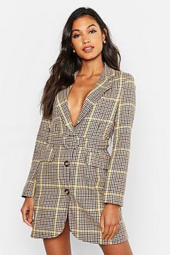 Boohoo Woven Yellow Check Round Belted Blazer Dress