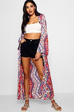Boohoo Amy Floral Border Flare Sleeve Maxi Kimono