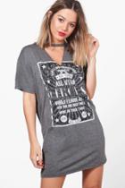 Boohoo Petite Dana Choker Detail Printed T-shirt Dress Charcoal