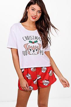 Boohoo Mae 'christmas Pud Pug' Tee & Short Set