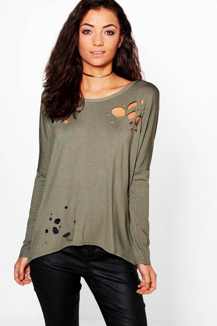 Boohoo Tall Rina Distressed Oversized Top Khaki