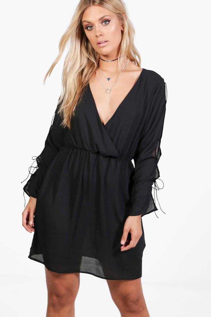 Boohoo Plus Jules Lace Up Sleeve Woven Wrap Dress Black