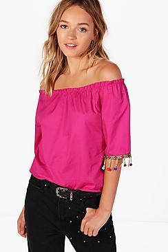 Boohoo Ava Pom Pom Trim Woven Off The Shoulder Top