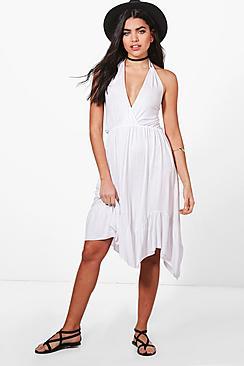 Boohoo Em Halterneck Ruffle Hem Strappy Mini Dress