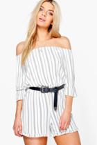 Boohoo Niamh Off The Shoulder Striped Playsuit White