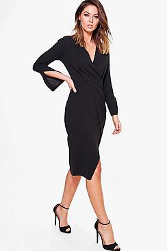 Boohoo Fay Pleated Detail Slit Sleeve Fitted Midi Dress