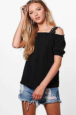 Boohoo Hollie Crochet Lace Cold Shoulder Top
