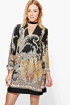 Boohoo Stassie Border Paisley Wrap Shirt Dress
