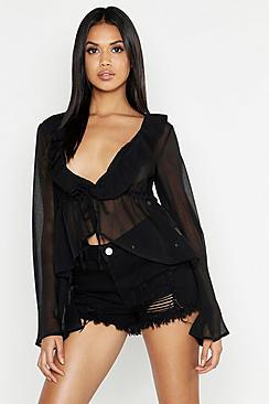 Boohoo Ruffle Plunge Crinkle Chiffon Blouse