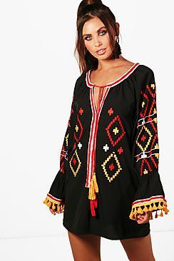 Boohoo Petite Poppy Embroidered Sleeve Dress