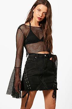 Boohoo Em Lace-up Front Micro Denim Mini Skirt