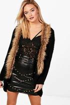 Boohoo Katie Fur Trim Cable Cocoon Cardigan