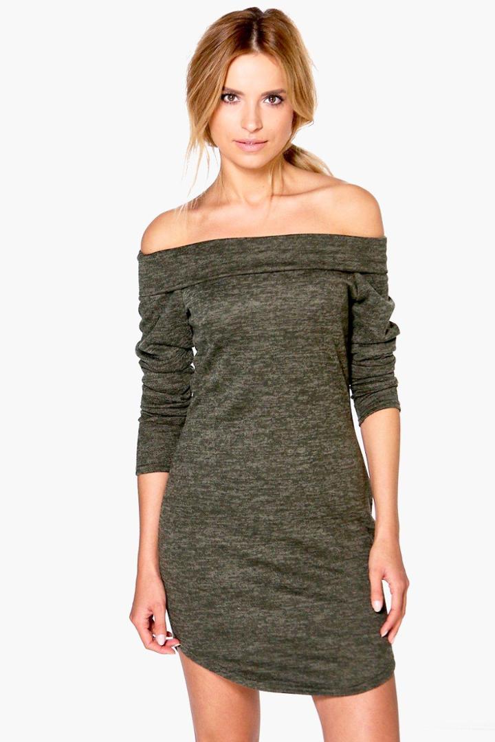 Boohoo Milly Bardot Brushed Knit Jumper Dress Khaki