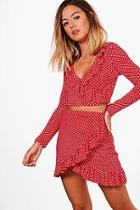 Boohoo Petite Alicia Ruffle Polka Dot Crop And Skirt Co-ord