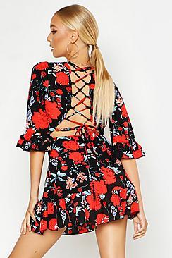 Boohoo Floral Lace Up Back Detail Frill Trim Skater Dress