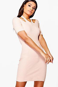 Boohoo Daisy Cut Out Shoulder Rib Knit Jumper Dress