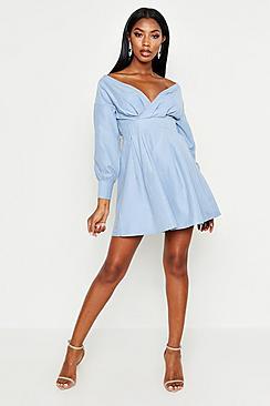 Boohoo Off The Shoulder Wrap Front Skater Dress