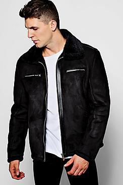 Boohoo Black Suedette Jacket With Faux Fur Collar