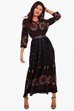 Boohoo Melissa Border Print Paisley Folk Midaxi Dress