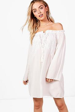 Boohoo Xenia Off Shoulder Crochet Shift Dress