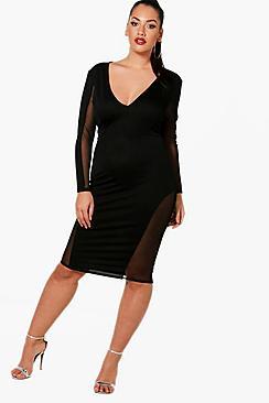 Boohoo Plus Frankie Mesh Plunge Bodycon Dress