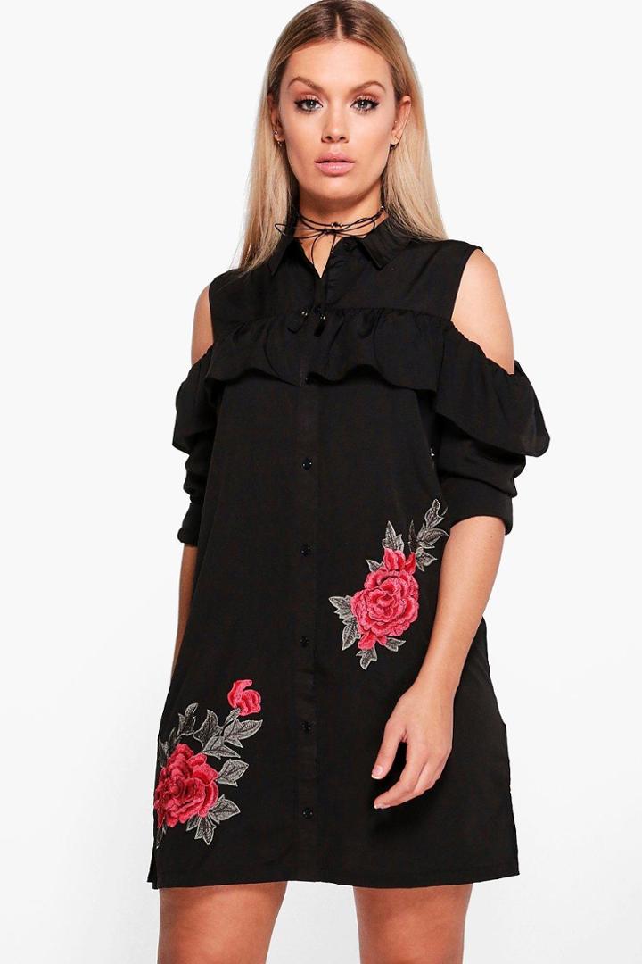 Boohoo Plus Anna Ruffle Off The Shoulder Dress Black