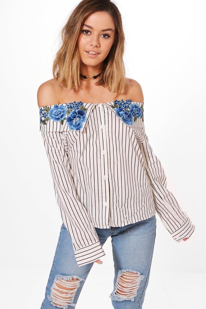 Boohoo Petite Ava Applique Off The Shoulder Shirt White