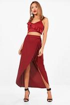 Boohoo Tie Waist Wrap Front Dipped Midi Skirt