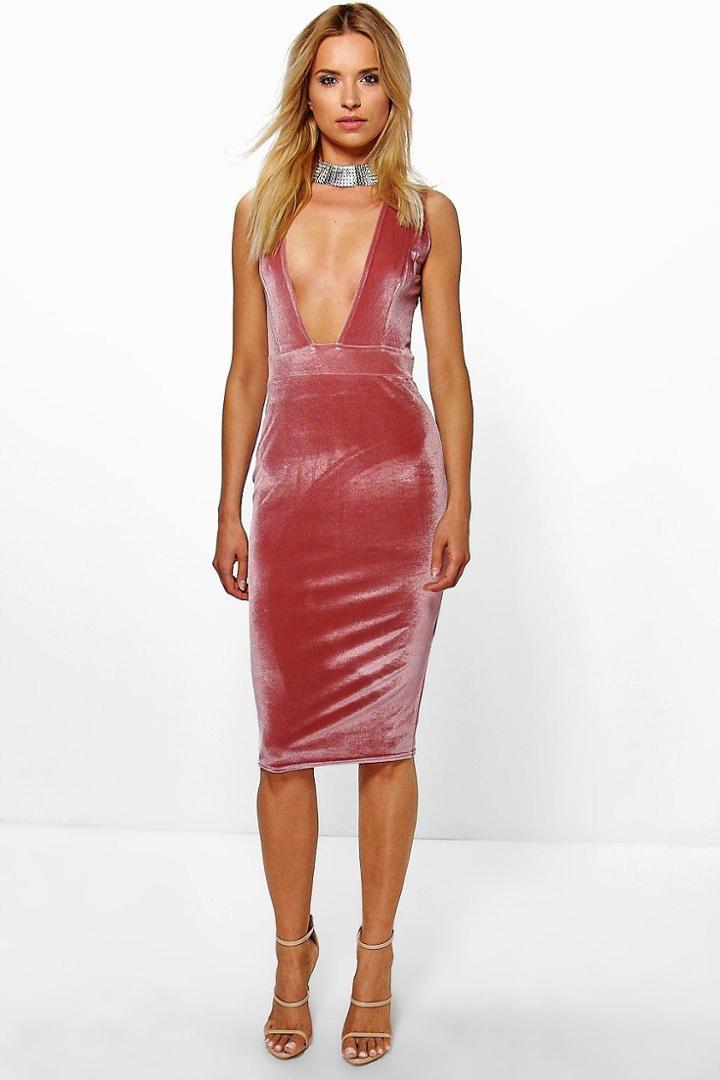 Boohoo Eliza Velvet Plunge Neck Midi Bodycon Dress Rose
