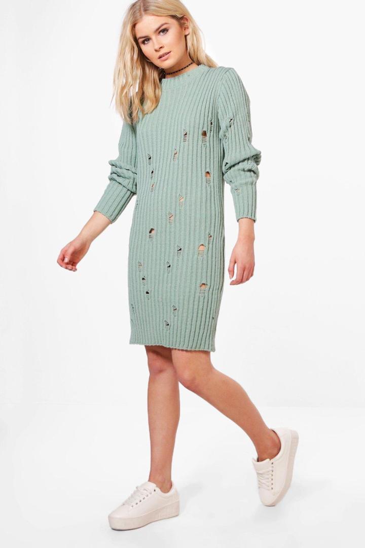 Boohoo Ella Distressed Rib Knit Jumper Dress Sage