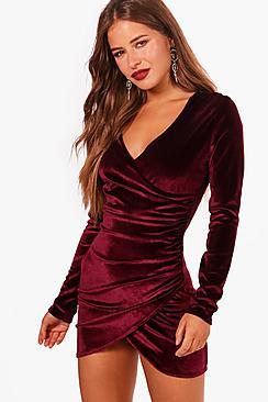 Boohoo Petite Amelia Wrap Velvet Dress