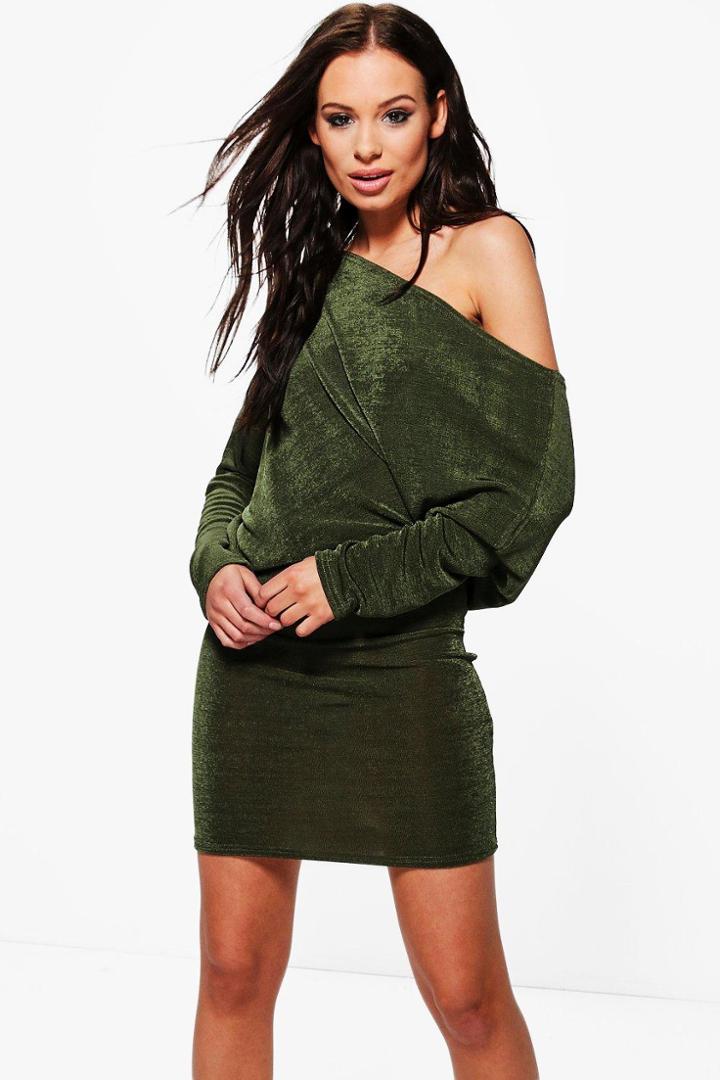 Boohoo Amelia Textured Slinky Bodycon Dress Khaki