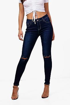 Boohoo Tessy Mid Rise Distressed Skinny Jeans