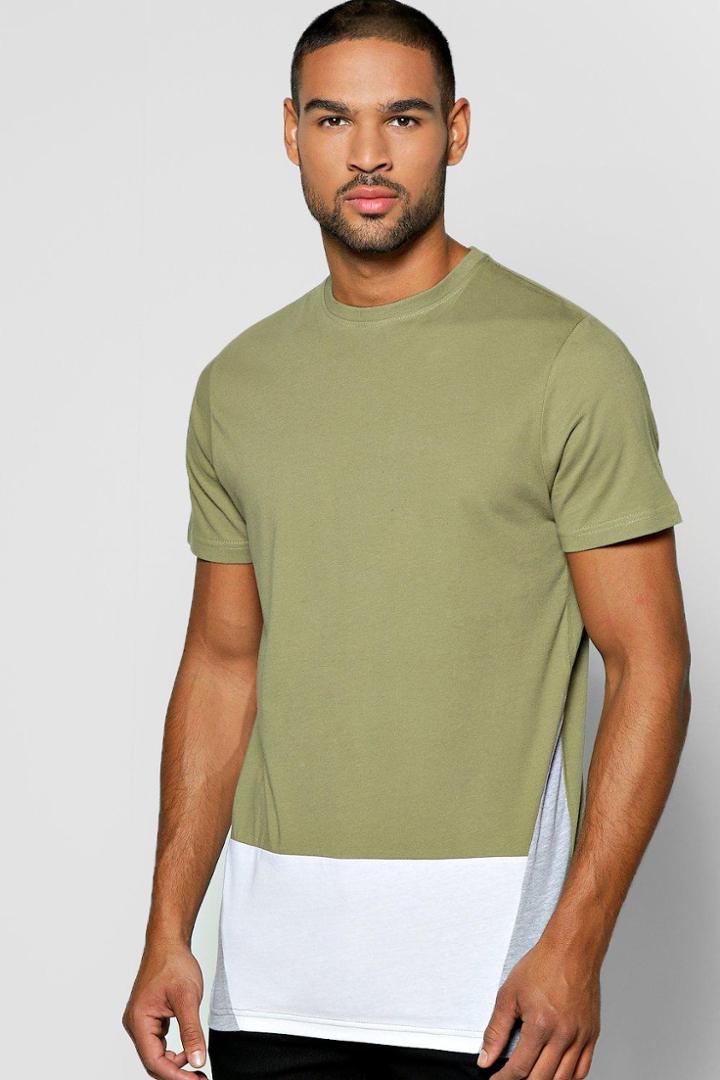 Boohoo Curved Front Colour Block T Shirt Khaki