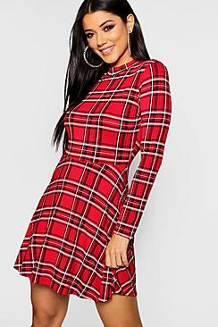 Boohoo High Neck Tartan Fit & Flare Dress