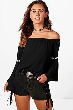 Boohoo Petite Elise Flower Trim Off The Shoulder Top