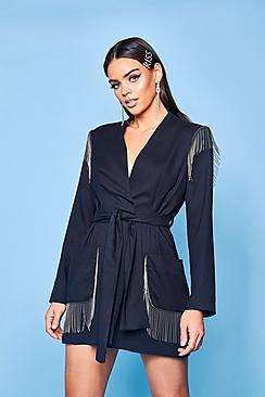 Boohoo Premium Belted Fringe Trim Blazer Dress