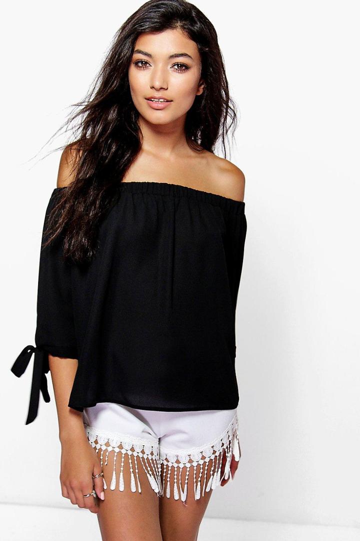Boohoo Collette Tie Sleeve Woven Bardot Top Black