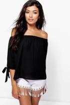 Boohoo Collette Tie Sleeve Woven Bardot Top Black