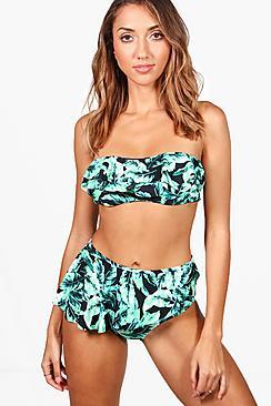 Boohoo Samos Tropical Leaf Frill H/w Bikini