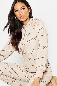 Boohoo Woman Script All Over Print Hoodie