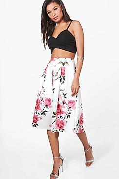 Boohoo Valentina Large Floral Box Pleat Skater Skirt