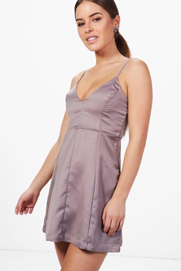 Boohoo Petite Viki Plunge Neck Satin Skater Dress Grey