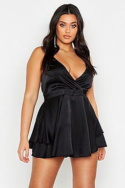 Boohoo Plus Satin Ruffle Skort Playsuit