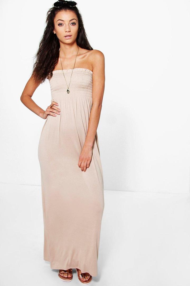 Boohoo Tall Ivy Shirred Bandeau Maxi Dress Stone